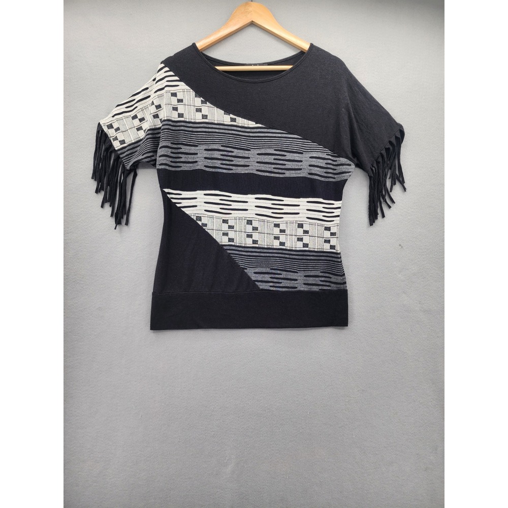 Cici Women Black Geometric Fringe Dolman Sleeve Top Boho Mixed Print Size L